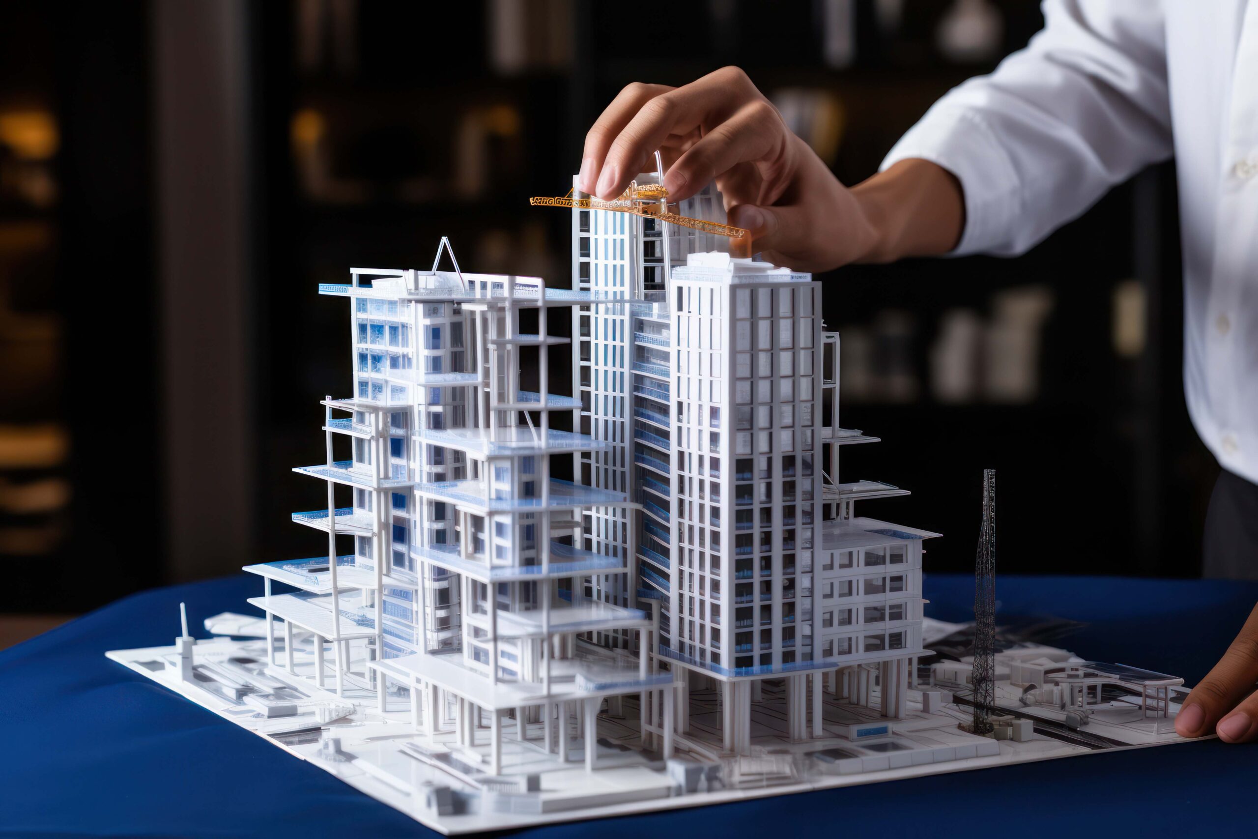 Mastering the details: skilled hands of an architect fine-tune a residential complex building construction model, bringing ideas to fruition.